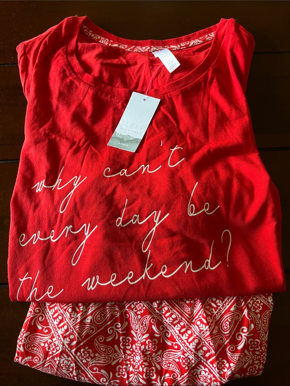 Red Graphic Sleep Top with Paisley Trim and Shorts